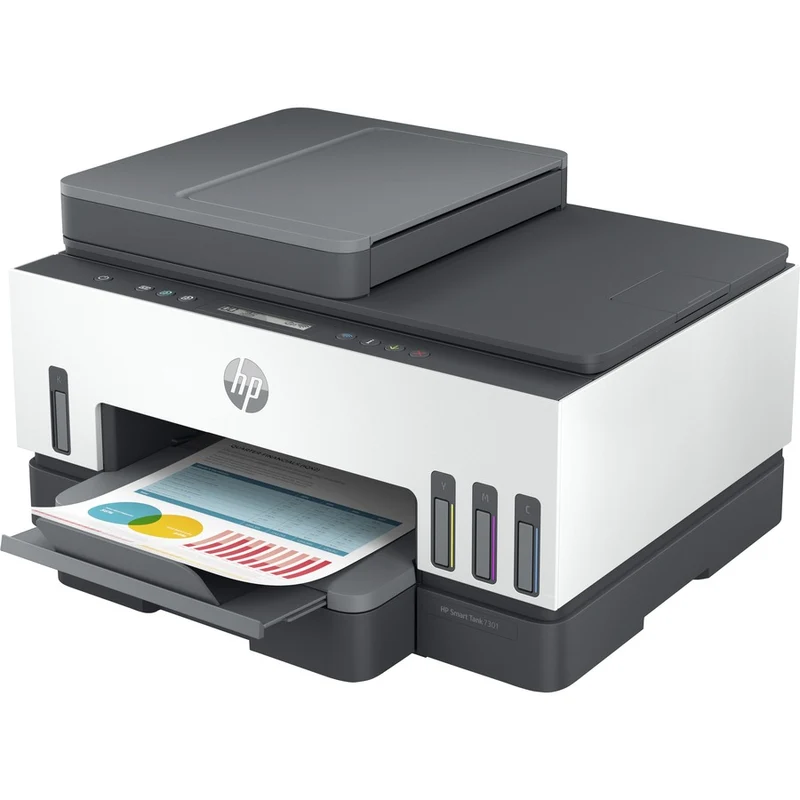 Imprimante tout-en-un HP Smart Tank 7301 - Imprimante multifonction - Jet d'encre couleur - Rechargeable - Copieur/Scanner - 4800 x 1200 ppp - Impression recto verso automatique - 5000 pages - 250 feuilles - Entrée - Scanner à plat couleur - 1200 ppp - Numérisation optique - LAN sans fil 28B70A#B1H