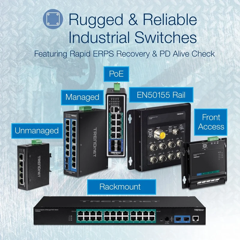 Commutateur sur rail DIN Gigabit PoE+ industriel à 6 ports TRENDnet ; 12-56 V ; Relais d'alarme ; 2 emplacements SFP dédiés ; Boîtier classé IP30 ; Protection à vie ; TI-PG62B TI-PG62B
