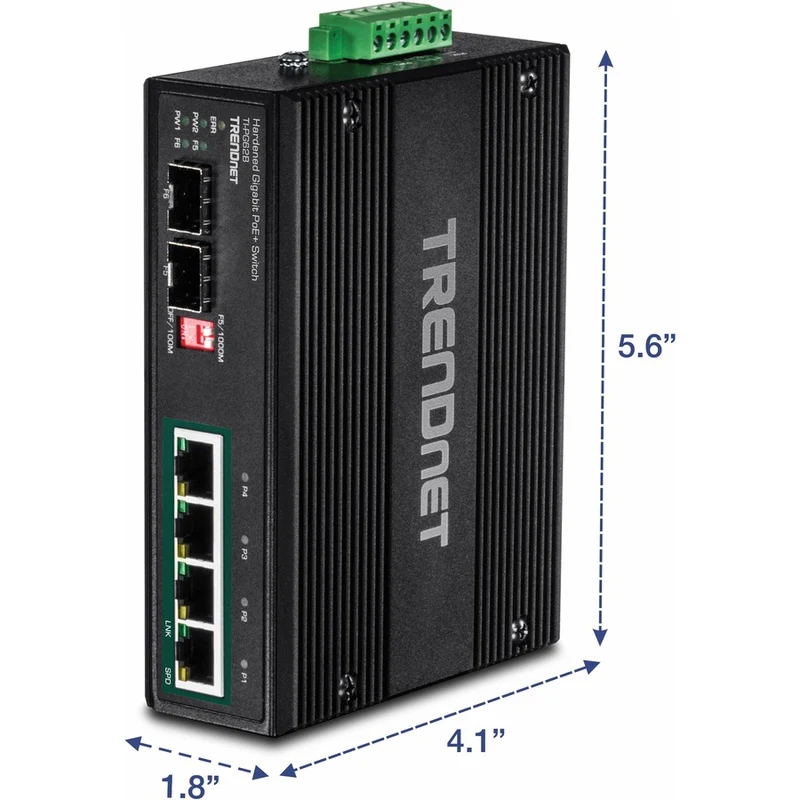 Commutateur sur rail DIN Gigabit PoE+ industriel à 6 ports TRENDnet ; 12-56 V ; Relais d'alarme ; 2 emplacements SFP dédiés ; Boîtier classé IP30 ; Protection à vie ; TI-PG62B TI-PG62B