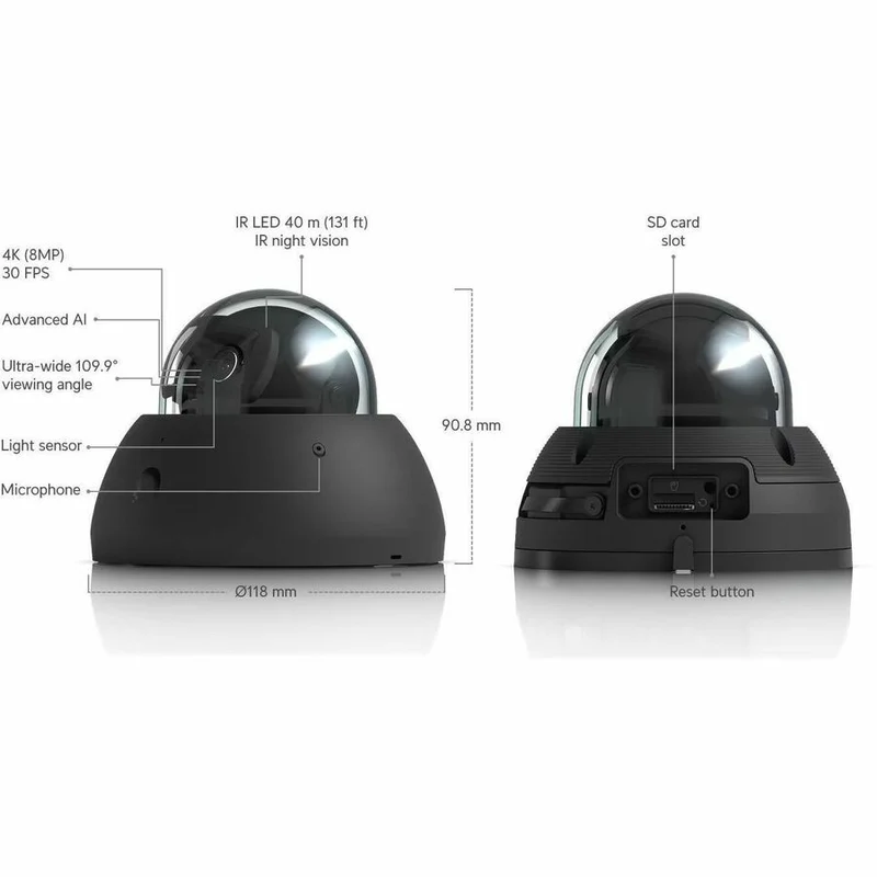 Caméra réseau Ubiquiti UniFi 8 mégapixels 4K - Couleur - Dôme - Noir UVC-AI-Dome-B