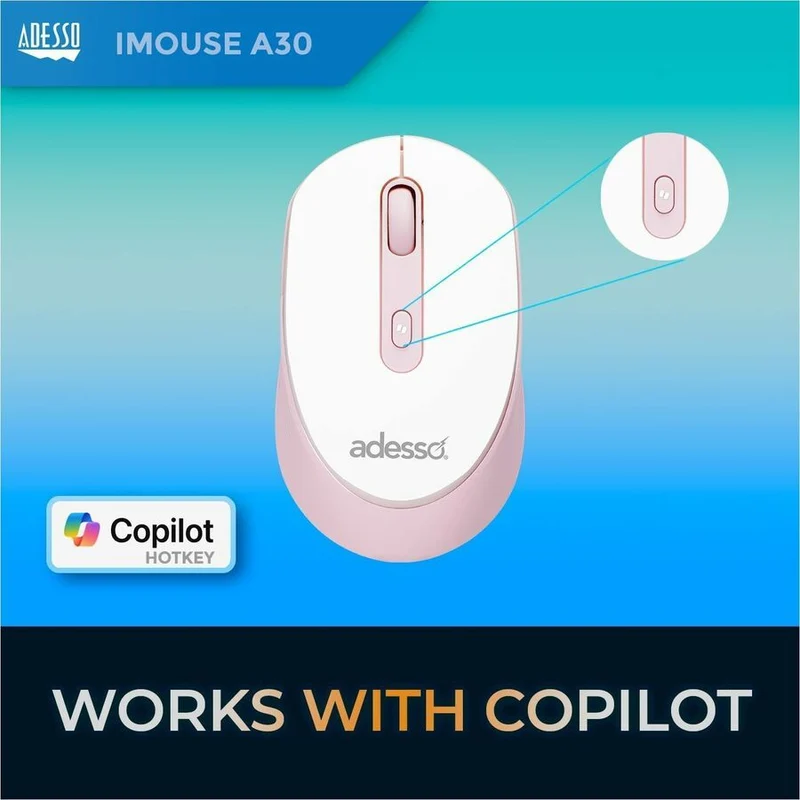 Souris sans fil Adesso iMouse A30P avec bouton de raccourci AI CoPilot (rose) IMOUSE-A30P