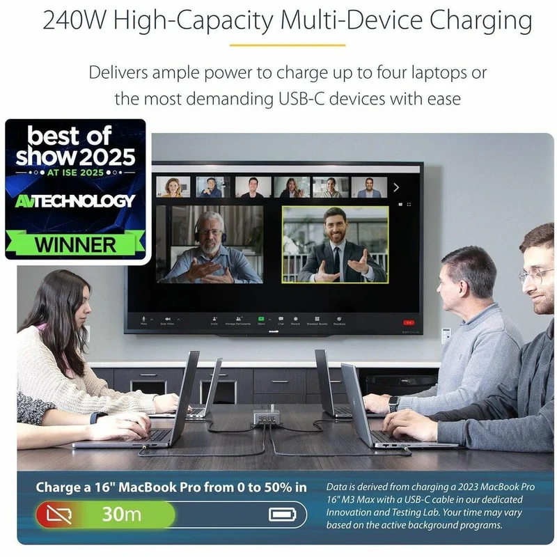 Chargeur USB-C multi-appareils StarTech.com 4 ports, 240 W au total, port unique 140 W EPR, ports à verrouillage par vis, idéal pour les salles de conférence 424DNA-USB-C-CHARGER