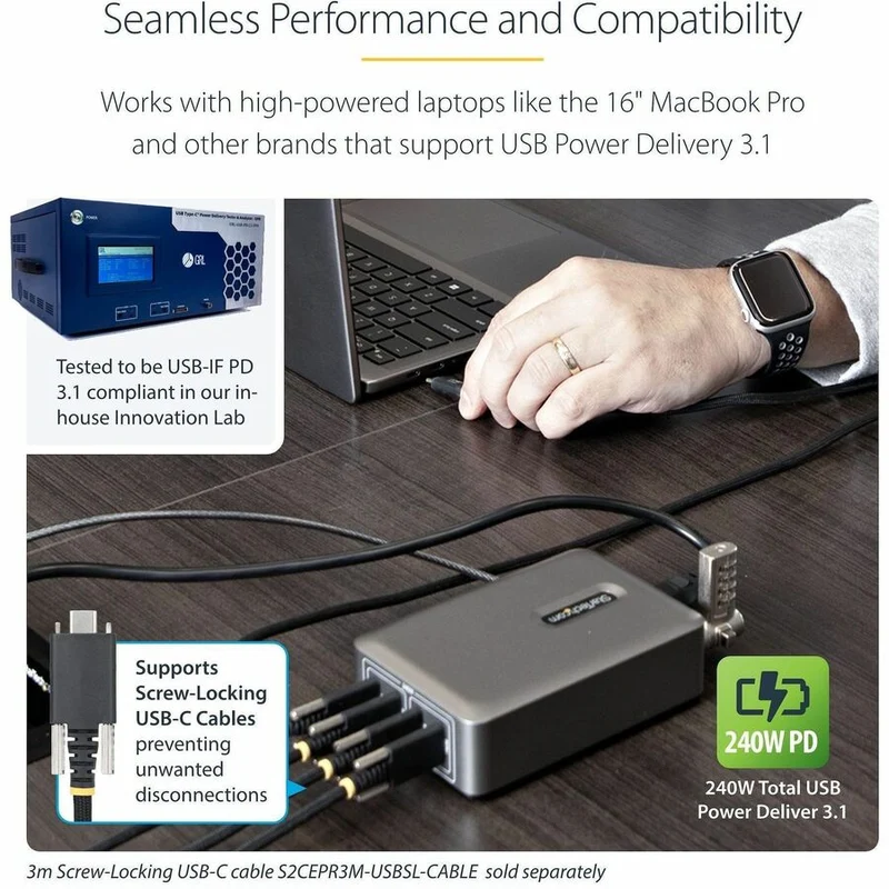 Chargeur USB-C multi-appareils StarTech.com 4 ports, 240 W au total, port unique 140 W EPR, ports à verrouillage par vis, idéal pour les salles de conférence 424DNA-USB-C-CHARGER
