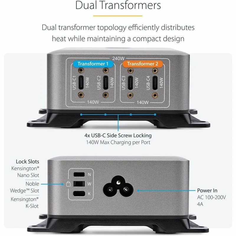 Chargeur USB-C multi-appareils StarTech.com 4 ports, 240 W au total, port unique 140 W EPR, ports à verrouillage par vis, idéal pour les salles de conférence 424DNA-USB-C-CHARGER