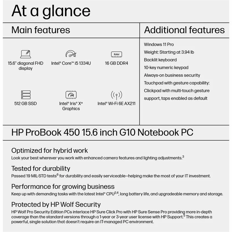 Ordinateur portable HP ProBook 450 G10 15.6" - Full HD - Intel Core i5 13e génération i5-1334U - 16 Go - SSD 512 Go - Clavier anglais (États-Unis) - Plastique argent Pike 9C4H1UT#ABA